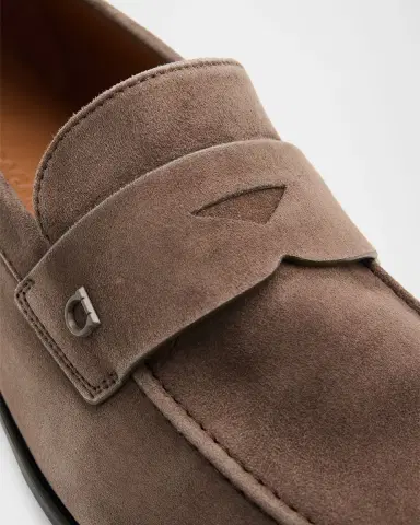 Ferragamo Men's Tiberio Kid Suede Micro-Gancio Penny Loafers | Thumbnail 4 Ferragamo Men's Tiberio Kid Suede Micro-Gancio Penny Loafers | Thumbnail 4