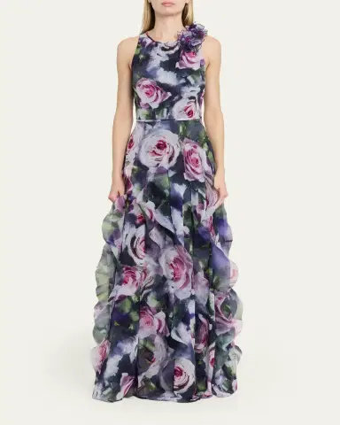 Rickie Freeman for Teri Jon Ruffle-Trim Floral Chiffon Halter Gown | Thumbnail 2 Rickie Freeman for Teri Jon Ruffle-Trim Floral Chiffon Halter Gown | Thumbnail 2