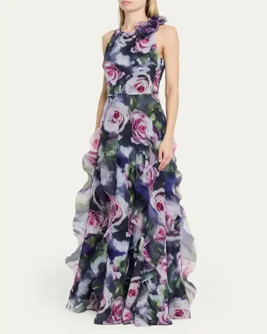 Rickie Freeman for Teri Jon Ruffle-Trim Floral Chiffon Halter Gown | Thumbnail 4 Rickie Freeman for Teri Jon Ruffle-Trim Floral Chiffon Halter Gown | Thumbnail 4