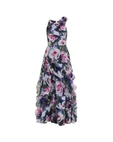 Rickie Freeman for Teri Jon Ruffle-Trim Floral Chiffon Halter Gown | Thumbnail 1 Rickie Freeman for Teri Jon Ruffle-Trim Floral Chiffon Halter Gown | Thumbnail 1