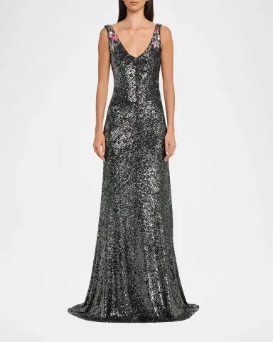 Naeem Khan Floral Applique Stretch Sequin V-Neck Gown | Thumbnail 2