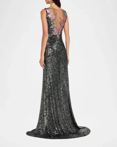 Naeem Khan Floral Applique Stretch Sequin V-Neck Gown | Thumbnail 3