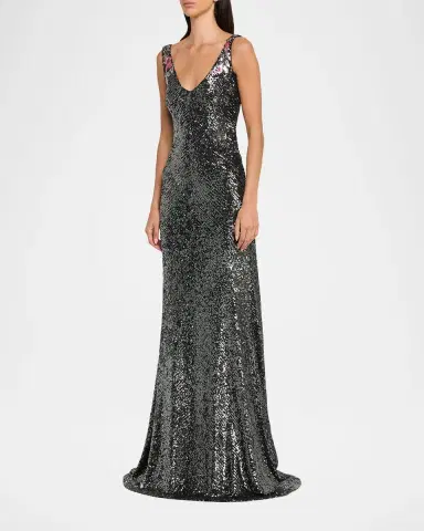 Naeem Khan Floral Applique Stretch Sequin V-Neck Gown | Thumbnail 4