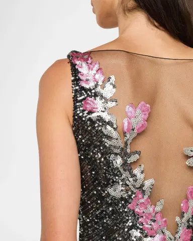 Naeem Khan Floral Applique Stretch Sequin V-Neck Gown | Thumbnail 5