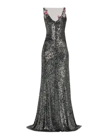 Naeem Khan Floral Applique Stretch Sequin V-Neck Gown | Thumbnail 1