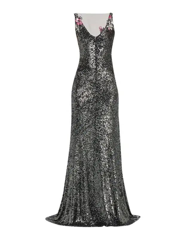 Naeem Khan Floral Applique Stretch Sequin V-Neck Gown