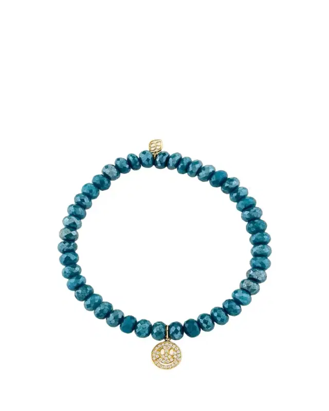 Sydney Evan 14K Pave Diamond Happy Face on Teal Quartz Stretch Bracelet