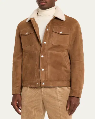 Brunello Cucinelli Men's Shearling-Collar Suede Snap Front Jacket | Thumbnail 4