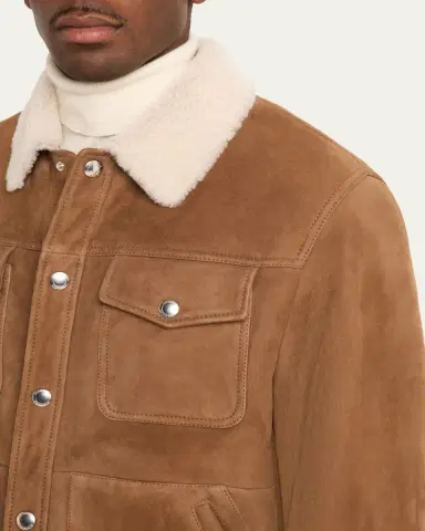 Brunello Cucinelli Men's Shearling-Collar Suede Snap Front Jacket | Thumbnail 5
