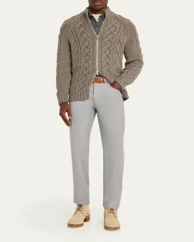 Brunello Cucinelli Men's Lofted Cashmere Cable Knit Full-Zip Cardigan | Thumbnail 2