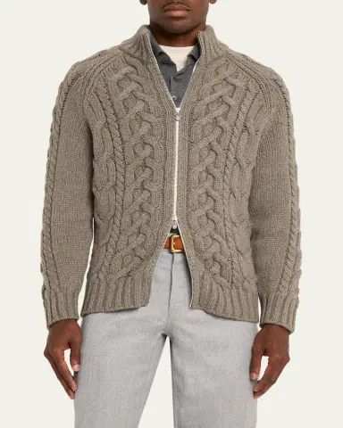 Brunello Cucinelli Men's Lofted Cashmere Cable Knit Full-Zip Cardigan | Thumbnail 4