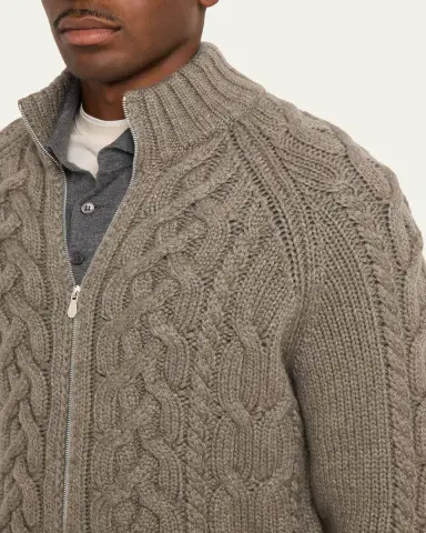 Brunello Cucinelli Men's Lofted Cashmere Cable Knit Full-Zip Cardigan | Thumbnail 5