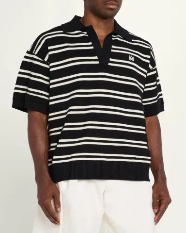 AMIRI Men's Rib-Knit Stripe Johnny Collar Polo Shirt | Thumbnail 4 AMIRI Men's Rib-Knit Stripe Johnny Collar Polo Shirt | Thumbnail 4