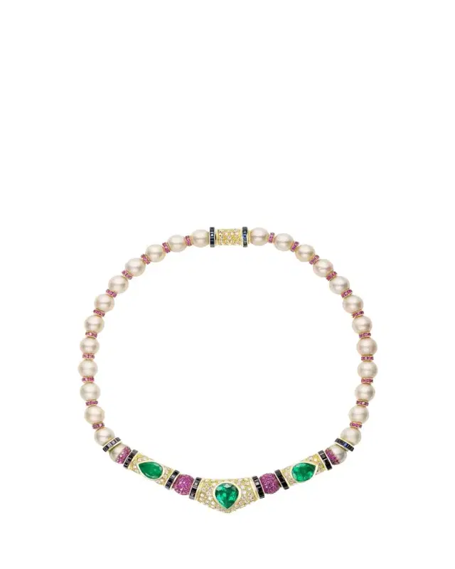 Emily P. Wheeler 18K Yellow Gold Re-Worked Vintage Necklace with Pearls, Diamonds, Emeralds and Sapphires