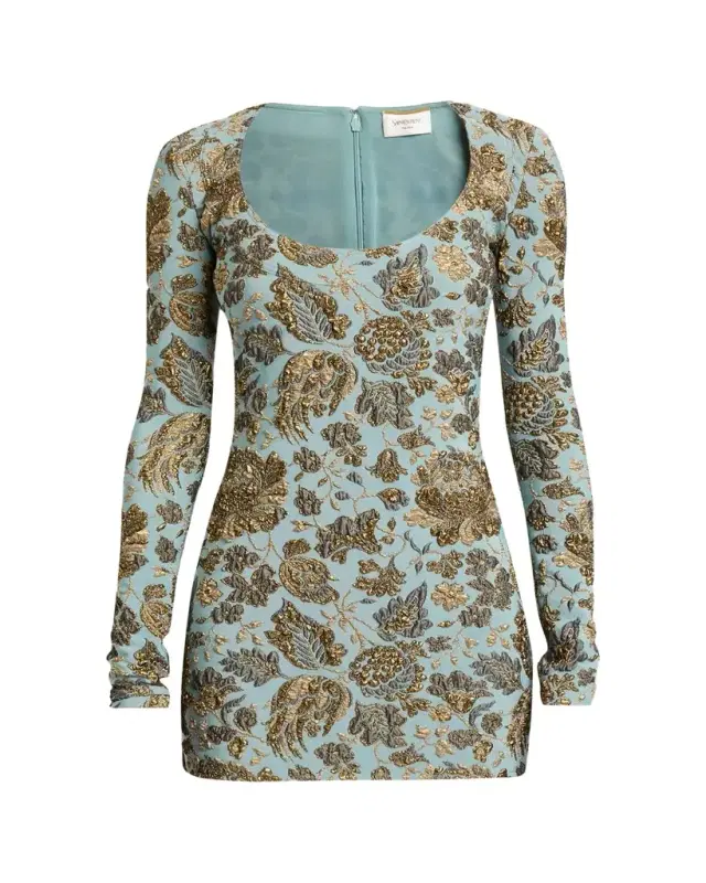 Saint Laurent Stretch Brocade Decollete Mini Dress