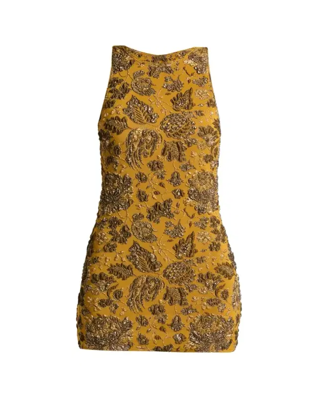 Stretch Brocade Cross-Back Mini Dress