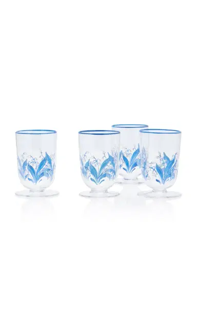 Moda Domus Hand-Painted Lily of The Valley Footed Glass Tumbler - Blue | Thumbnail 3