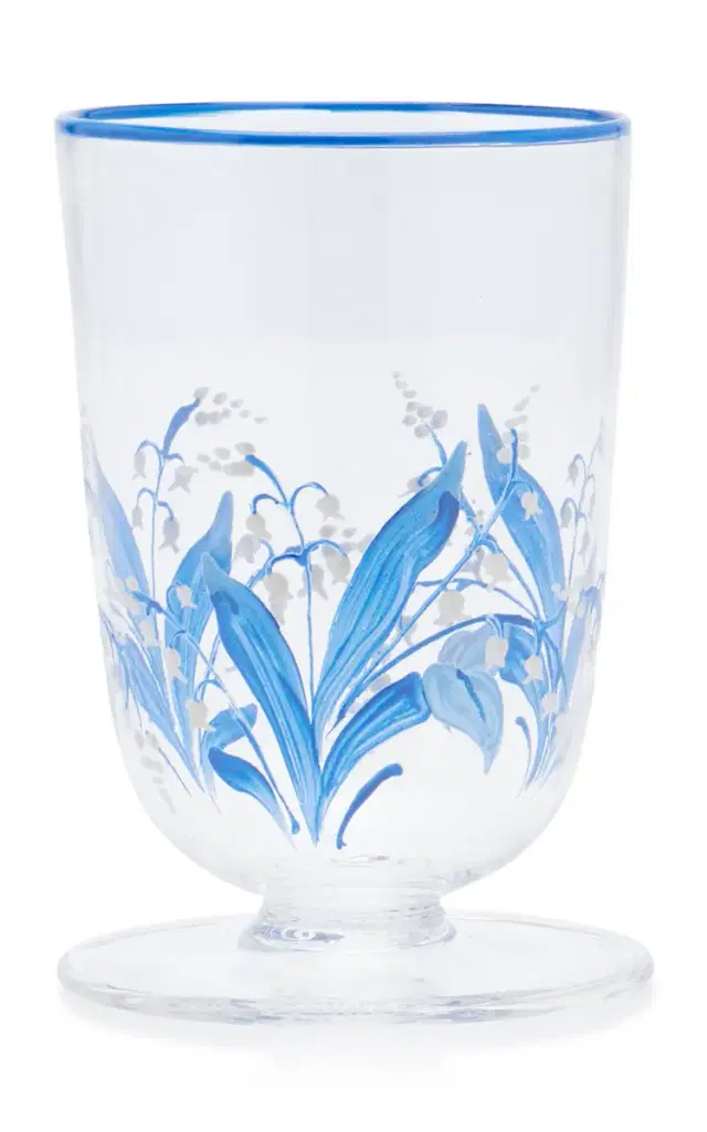 Moda Domus Hand-Painted Lily of The Valley Footed Glass Tumbler - Blue