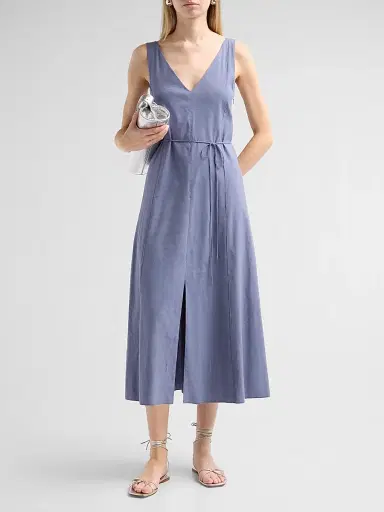 Vince Women's V-Neck Linen-Blend Sleeveless Midi-Dress - Azul - Size XXS | Thumbnail 2 Vince Women's V-Neck Linen-Blend Sleeveless Midi-Dress - Azul - Size XXS | Thumbnail 2