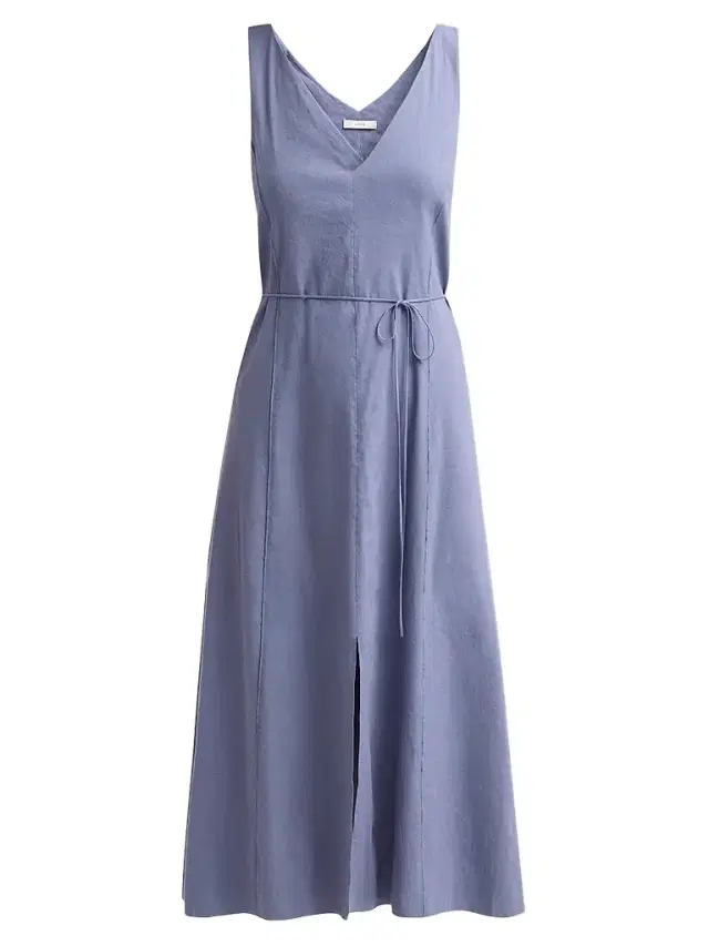 Vince Women's V-Neck Linen-Blend Sleeveless Midi-Dress - Azul