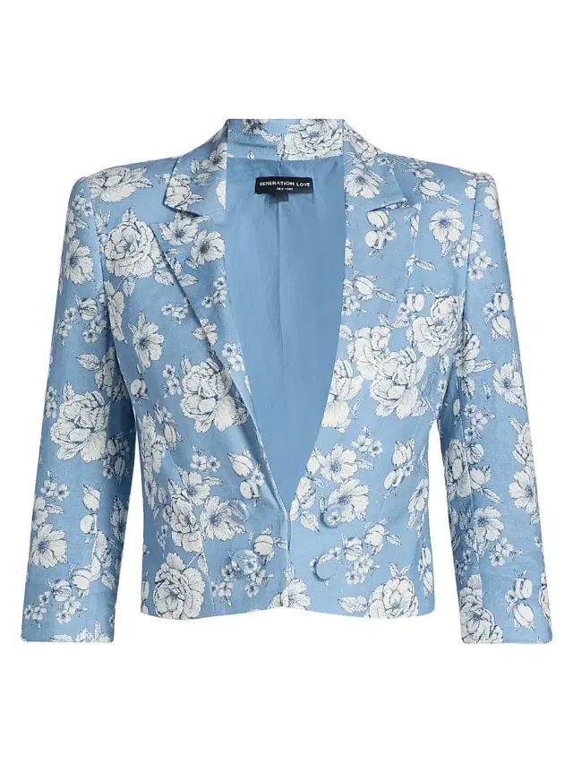Women's Emmeline Floral Linen Crop Blazer - Heritage Toile White