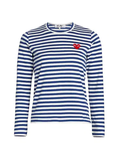 Comme des Garçons PLAY Women's Striped Red Heart Long-Sleeve Shirt - Navy White - Size Medium | Thumbnail 1 Comme des Garçons PLAY Women's Striped Red Heart Long-Sleeve Shirt - Navy White - Size Medium | Thumbnail 1