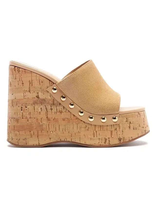 Schutz Women's Dalle Studded Suede Wedge-Heel Mules - Light Wood