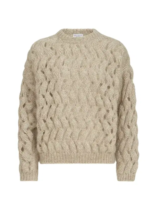 Brunello Cucinelli Women's Dazzling Zigzag Cables Sweater in Mohair and Wool - Sand