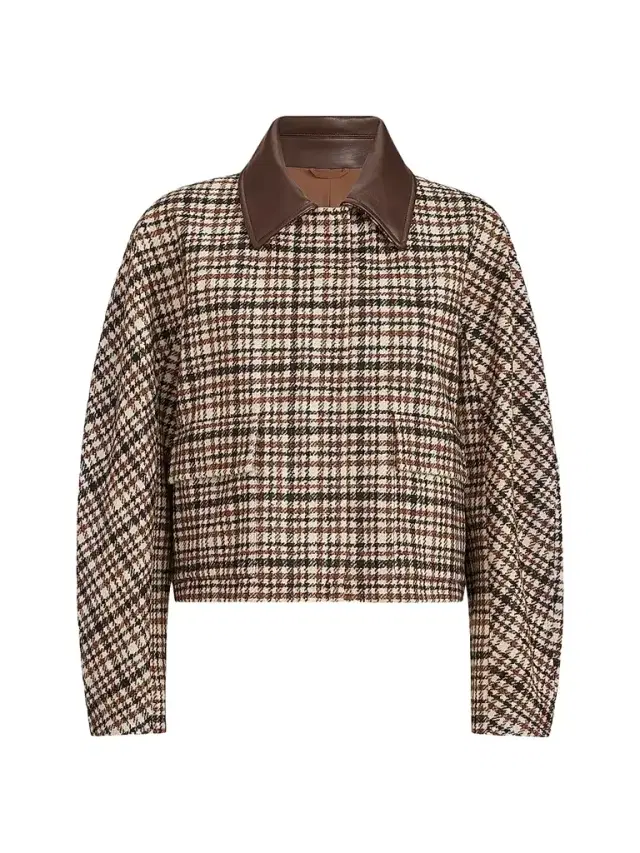 Brunello Cucinelli Women's Comfort Checked Wool and Alpaca Outerwear Jacket with Leather Collar - Brown