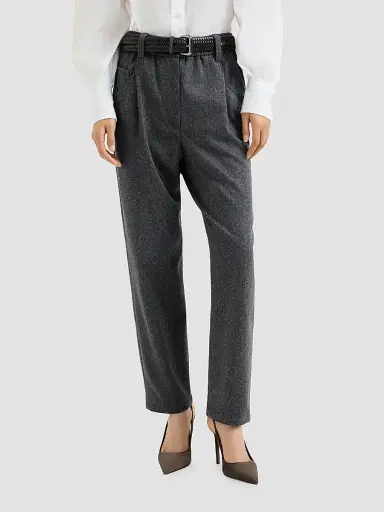 Brunello Cucinelli Women's Wool Flannel Baggy Trousers with Monili - Anthracite | Thumbnail 2