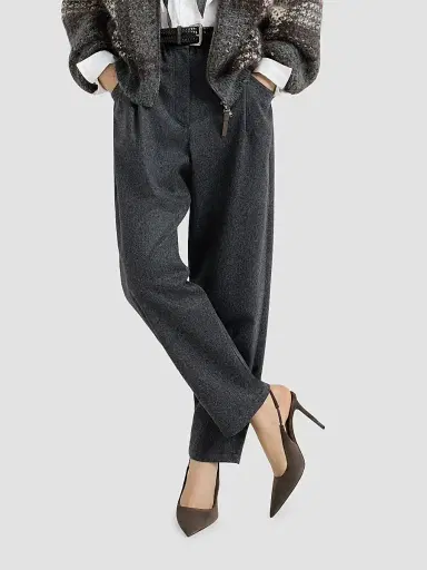 Brunello Cucinelli Women's Wool Flannel Baggy Trousers with Monili - Anthracite | Thumbnail 5