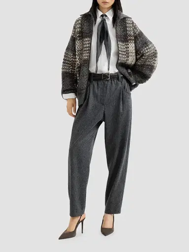 Brunello Cucinelli Women's Wool Flannel Baggy Trousers with Monili - Anthracite | Thumbnail 6