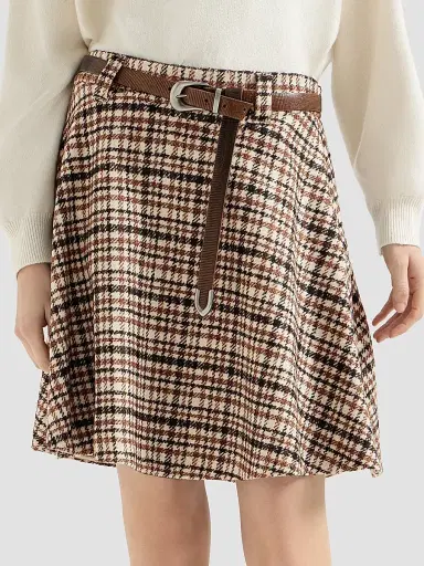 Brunello Cucinelli Women's Comfort Checked Wool and Alpaca Mini Circle Skirt - Light Brown | Thumbnail 2