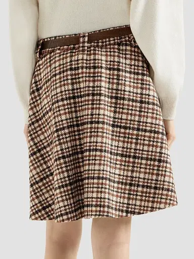 Brunello Cucinelli Women's Comfort Checked Wool and Alpaca Mini Circle Skirt - Light Brown | Thumbnail 3