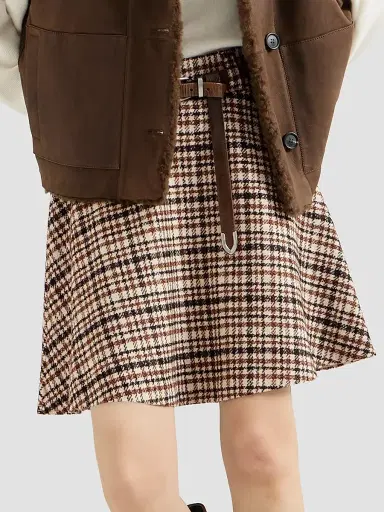 Brunello Cucinelli Women's Comfort Checked Wool and Alpaca Mini Circle Skirt - Light Brown | Thumbnail 4