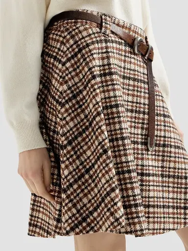 Brunello Cucinelli Women's Comfort Checked Wool and Alpaca Mini Circle Skirt - Light Brown | Thumbnail 5