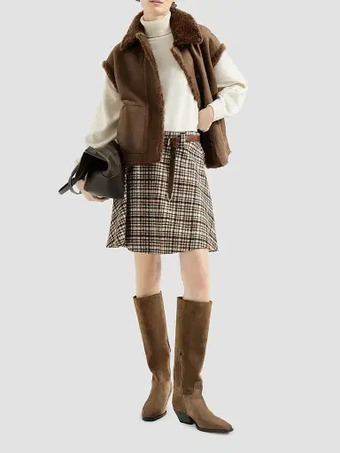 Brunello Cucinelli Women's Comfort Checked Wool and Alpaca Mini Circle Skirt - Light Brown | Thumbnail 6