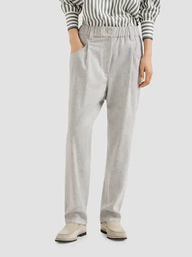 Brunello Cucinelli Women's Wool Flannel Baggy Trousers with Monili - Grey | Thumbnail 2