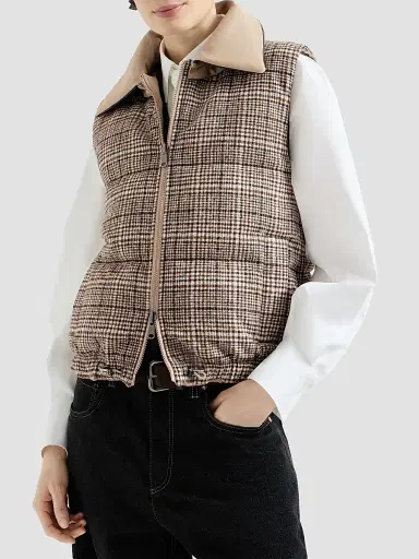 Brunello Cucinelli Women's Twill and Prince of Wales Reversible Down Vest with Detchable Leather Collar | Thumbnail 2 Brunello Cucinelli Women's Twill and Prince of Wales Reversible Down Vest with Detchable Leather Collar | Thumbnail 2