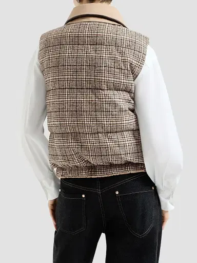 Brunello Cucinelli Women's Twill and Prince of Wales Reversible Down Vest with Detchable Leather Collar | Thumbnail 3 Brunello Cucinelli Women's Twill and Prince of Wales Reversible Down Vest with Detchable Leather Collar | Thumbnail 3