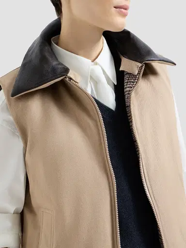 Brunello Cucinelli Women's Twill and Prince of Wales Reversible Down Vest with Detchable Leather Collar | Thumbnail 5 Brunello Cucinelli Women's Twill and Prince of Wales Reversible Down Vest with Detchable Leather Collar | Thumbnail 5