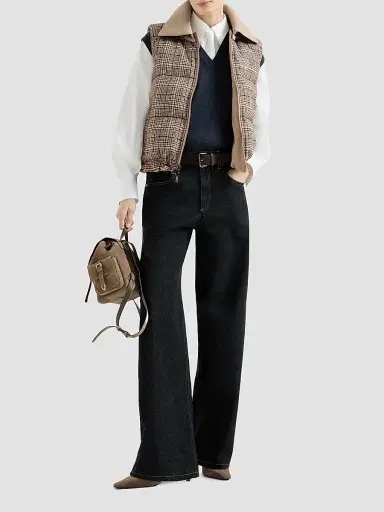 Brunello Cucinelli Women's Twill and Prince of Wales Reversible Down Vest with Detchable Leather Collar | Thumbnail 6 Brunello Cucinelli Women's Twill and Prince of Wales Reversible Down Vest with Detchable Leather Collar | Thumbnail 6