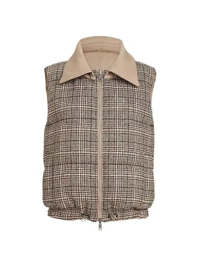 Brunello Cucinelli Women's Twill and Prince of Wales Reversible Down Vest with Detchable Leather Collar - Camel