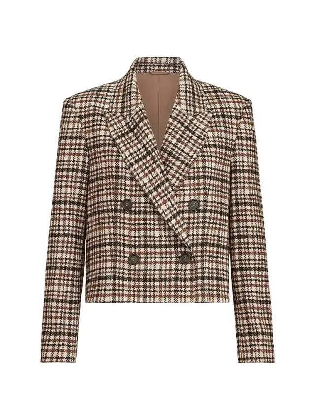 Brunello Cucinelli Women's Comfort Checked Wool and Alpaca Blazer with Monili - Brown