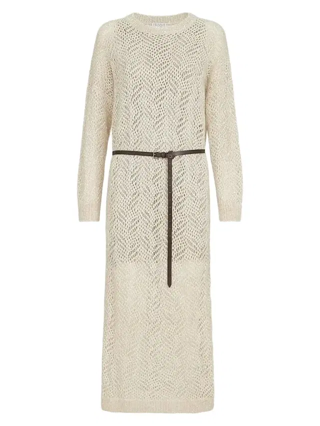 Brunello Cucinelli Women's Dazzling Abstract Leaf Knit Dress in Mohair and Wool - Cream
