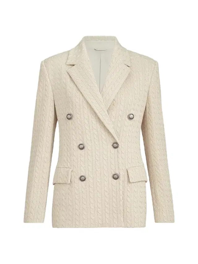 Brunello Cucinelli Women's Sparkling Cotton and Viscose English Rib Knit Blazer with Monili - Cream
