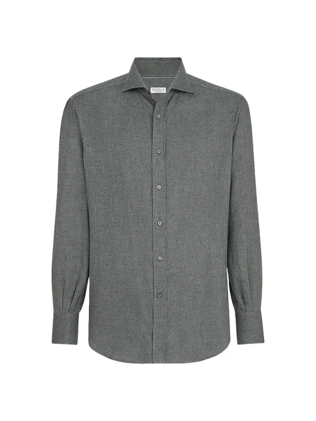Brunello Cucinelli Men's Stretch Cotton Chevron Flannel Shirt with Spread Collar - Dark Grey