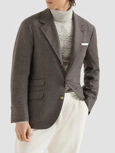 Brunello Cucinelli Men's Mouliné Virgin Wool Twill Deconstructed Cavallo Blazer - Brown | Thumbnail 2 Brunello Cucinelli Men's Mouliné Virgin Wool Twill Deconstructed Cavallo Blazer - Brown | Thumbnail 2