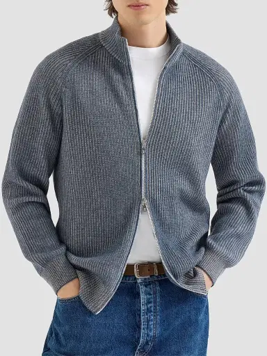 Brunello Cucinelli Men's Cashmere Vanisé English Rib High-Neck Cardigan with Zipper - Cerulean - Size 50 | Thumbnail 2 Brunello Cucinelli Men's Cashmere Vanisé English Rib High-Neck Cardigan with Zipper - Cerulean - Size 50 | Thumbnail 2