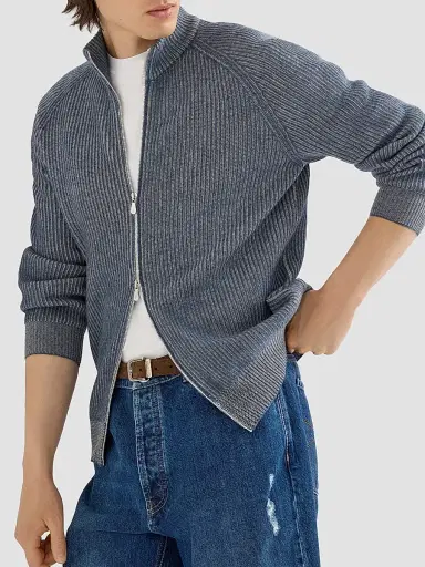 Brunello Cucinelli Men's Cashmere Vanisé English Rib High-Neck Cardigan with Zipper - Cerulean - Size 50 | Thumbnail 4 Brunello Cucinelli Men's Cashmere Vanisé English Rib High-Neck Cardigan with Zipper - Cerulean - Size 50 | Thumbnail 4